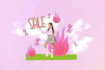 Poster - Artwork collage of positive girl arm demonstrate sale special offer drawing fire flame clouds isolated on pink background