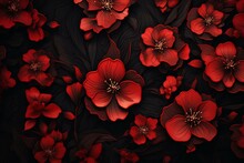 Abstract Japanese red flowers on black. Generative AI