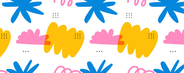 Aufkleber - trendy children pattern with organic blob shapes and natural objects. Bright colors with an overlay. Drawing with marker or riso print. Vecto illustration in pink and blue and yellow and white colors