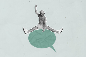 Sticker - Composite photo illustration collage of funny young guy riding cowboy paper crumpled green speech round cloud isolated on grey background