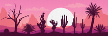 Background Landscape Illustration Of Desert With Desert Plants, Desert Trees, Cactus, Coconut Tree, Palm, Century Plant, Thompson Yucca, Prickly Pear.