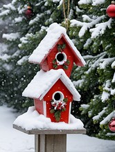 Photo Of Christmas Snow-Covered Birdhouse
