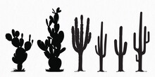 Silhouette Set Of Desert Plants, Desert Trees, Cactus, Coconut Tree, Palm, Century Plant,  Thompson Yucca, Prickly Pear.