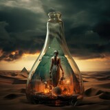 Image concept d'une femme dans une bouteille de verre devant un pyramide au temps de l'Egypte antique - Création à l'aide d'un outil d'IA générative