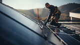 Fototapeta  - Engineer installing the solar panels on the rooftop with landscape background