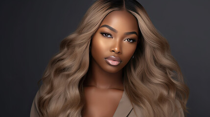 Wall Mural - Beautiful African American woman with dyed and straight hair. Beauty of afro black girl with bob smooth hairstyle and toning. Keratin straightening. Treatment, care and spa procedures.