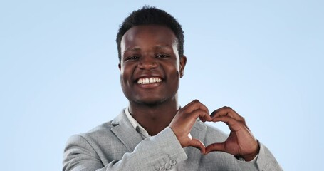 Poster - Business, heart hands or face of happy black man in studio for support, love or charity on blue background. Smile, African or entrepreneur person with shape for health care, trust or company kindness