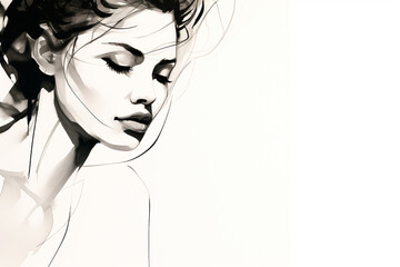 Wall Mural - Beauty, fashion, make-up and art concept. Beautiful woman portrait drawing. Model face drawn with black ink lines style. Generative AI