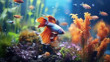 Aquarium fish Guppy swim among algae and stones, corrals and underwater plants in an aquarium