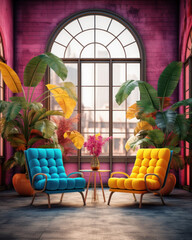 Wall Mural - A very bright and colorful room with colored chairs and a table, an arched window and living plants, a fashionable stylish interior