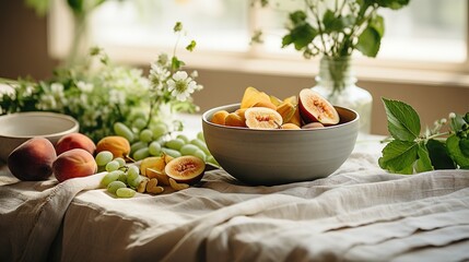 Poster -  a bowl of fruit sitting on a table next to other fruits.  generative ai