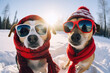 Two dogs are taking selfies in the snow wearing sunglasses, sunny winter day in the forest. Christmas holiday. 