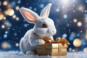 Wall Mural - Christmas bunny with a gift in his paws, postcard