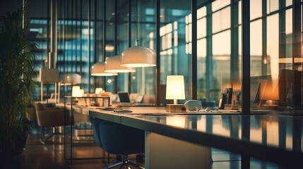 Wall Mural - Defocused background of a light modern office interior with a meeting room, work room, panoramic windows, and beautiful lighting.	
