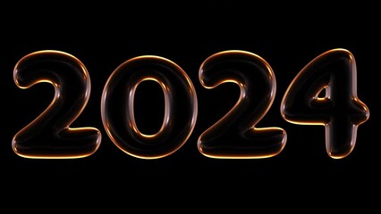 Poster - Seamless animation of glowing new year 2024 with light and reflections isolated on black background in 3d rendering.