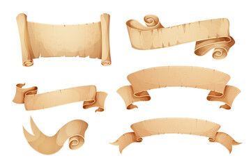 Wall Mural - set parchment paper scroll ribbon, old vintage banner game ui element in cartoon style isolated on w