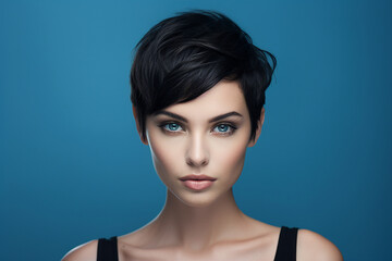 Wall Mural - Generative AI picture of beautiful woman fashion model black hairstyle blue eyes