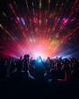 A crowd of people in a music event, dancing in neon color lights
