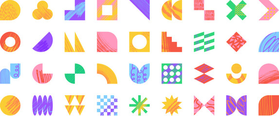 Leinwandbilder - Textured brutalist style shapes, abstract geometric forms and symbols, bauhaus aesthetic elements. Retro swiss graphic element, simple star, lines and arch shape, colorful basic figures vector set