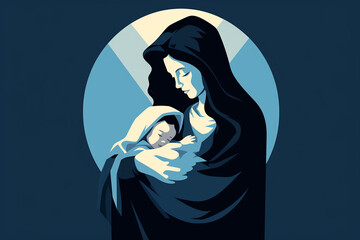 Culture and religion concept. Holy Mary holding baby Jesus Christ. Colorful illustration drawing in minimalist style. Generative AI