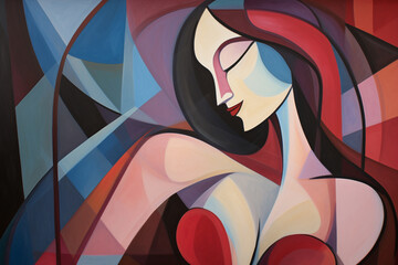 Wall Mural - Beauty, art concept. Abstract gouache colorful painting of woman silhouette. Colorful minimalist shapes and lines in cubism style. Generative AI