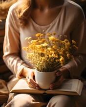Woman Holding A Bunch Of Flowers In Vase And Book
