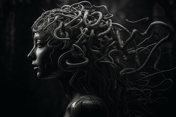 Culture and religious, fine art and make-up concept. Abstract Medusa woman portrait with snakes hair hiding in shadows. Mythical creature portrait. Dark mysterious mood. Generative AI