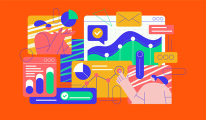 Poster - Data Analysis Illustration with Charts. Colorful Data Visualization Illustration with Pie Charts, Bar Charts, and Line Charts. Flat Vector Illustration