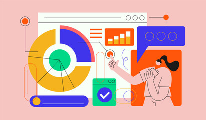 Poster - Woman Analyze Pie Chart Illustration. Data Visualization Illustration with Pie Charts, Bar Charts, and Line Charts. Flat Vector Illustration