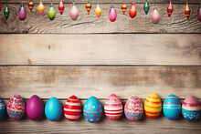 Easter Eggs In Nest On Wooden Background. Top View With Copy Space
