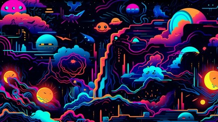 Wall Mural - A neon-themed wallpaper with bold and electric colors that pop against a dark background