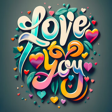 Love You - A Colorful Text With Hearts And Leaves