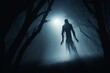 Terrifying extraterrestrial creature in a misty forest at night, its massive silhouette aglow with moonlight. Generative AI