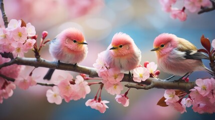 A trio of birds perched on a branch adorned with delicate pink flowers Kodak Portra 400 , large copyspace area, offcenter composition