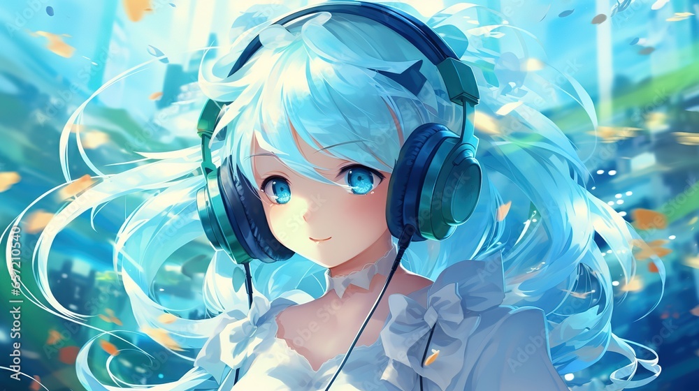portrait of an anime girl with blue hair listens to music on headphones ...