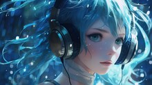 Portrait Of An Anime Girl With Blue Hair Listens To Music On Headphones.