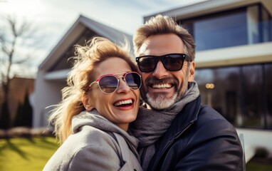 Canvas Print - A 40 year old couple is having fun in front of their modern house. Generative AI