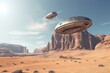 Spaceship exploring mysteries of universe on rocky planet with desert, mountains, and cloudless sky. Generative AI
