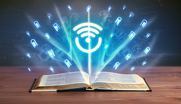 Modern-day bible with wifi signals. spiritual communication for Christians.