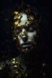 golden cracking and shattering texture on a face. abstract image of a woman portrait. female emotions. surreal. epression, Broken Heart, Sadness, Bully, Cracked, Shattered, Cry, Emotional Pain.