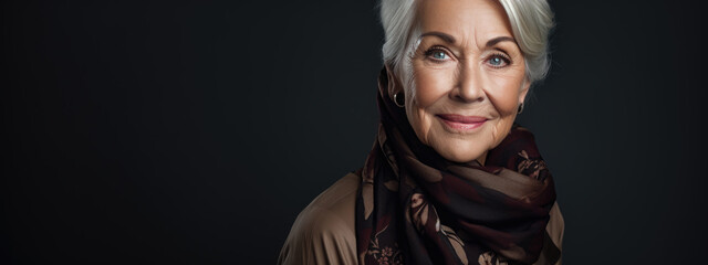 Poster - Stylish elderly woman on dark background.