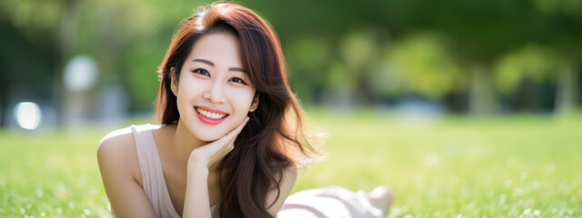 Canvas Print - Portrait of a happy smiling girl on the background of a green grass