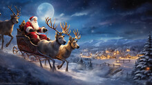 Holiday Cheer As Santa Claus Waves From His Sleigh, Led By Reindeer, Soaring Through The Starry Night Sky, Spreading Joy And Delivering Gifts To All The Good Boys And Girls On Christmas Eve
