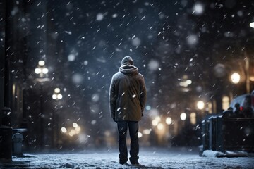 Man walking in the winter city at night under heavy snowfall.