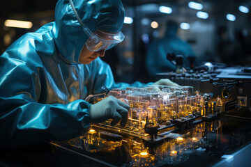 Poster - A scientist in a clean room working on advanced technology, showcasing human innovation and progress. Concept of technological advancement. Generative Ai.