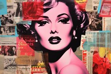 Rostro Mujer En Collage De Arte Digital, En El Estilo Pop Art. Imagen Generativa