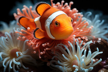 Poster - A clownfish poking its head out of an anemone with curious expressions, looking amusingly perplexed. Concept of animal curiosity. Generative Ai.