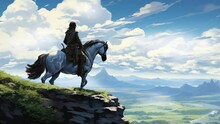 Young Adventurer Riding Horse On Cliff  Discovering Mysterious  Castle