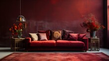 A Living Room With A Red Couch And A Red Rug. Bohemian Interior Library With Deep Red Color Theme.