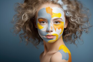 Wall Mural - A female model's artistic portrait, highlighting beauty, creativity, and colorful makeup, with a fantasy-style mask.